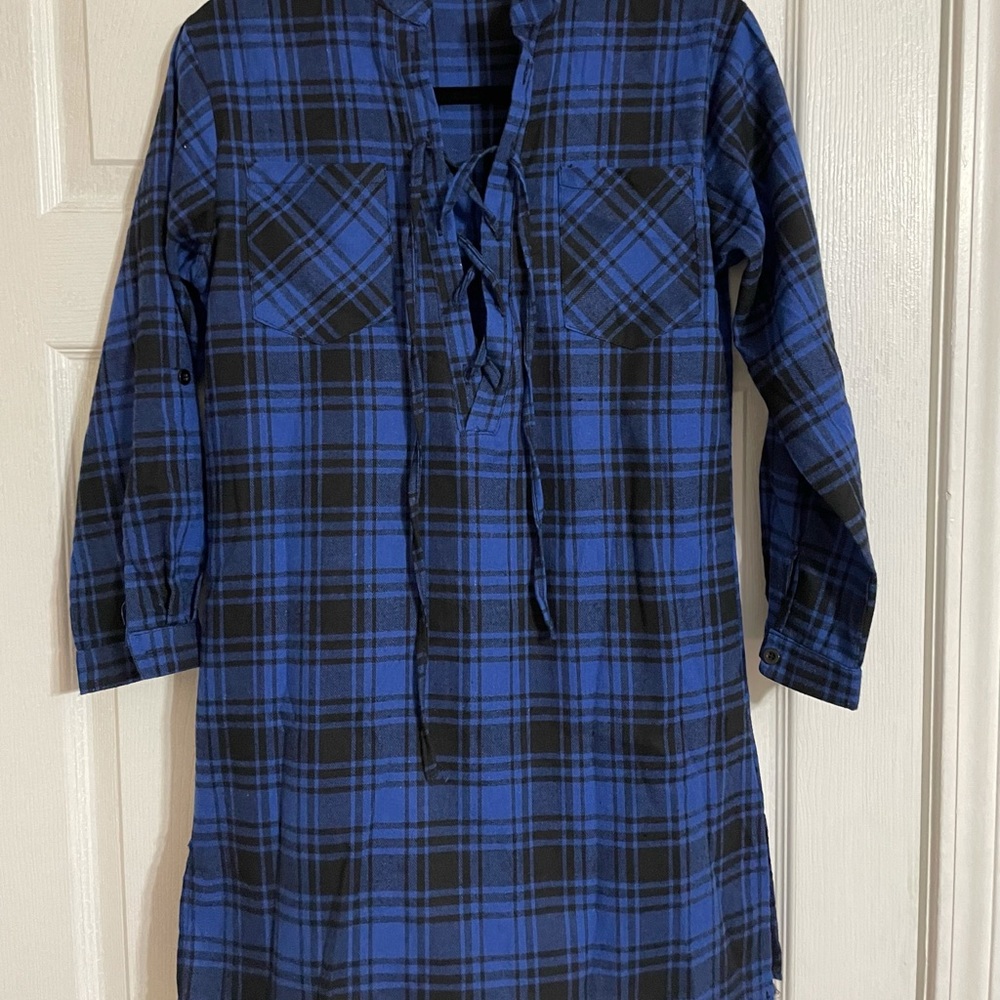 Plaid Lace-Up Side Slit Shirt Dress
